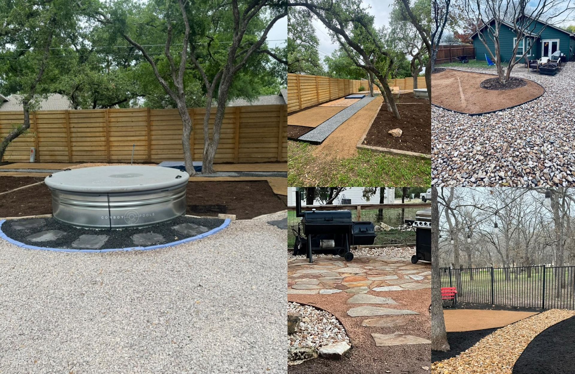 A collage of four pictures of a backyard with a fire pit and a grill.
