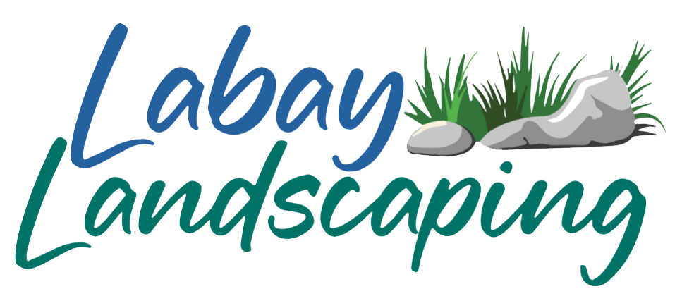 The logo for labay landscaping has a rock and grass on it.