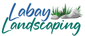 The logo for labay landscaping has a rock and grass on it.