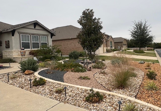 Front yards of several houses with landscaping: trees, bushes, and stone paths.