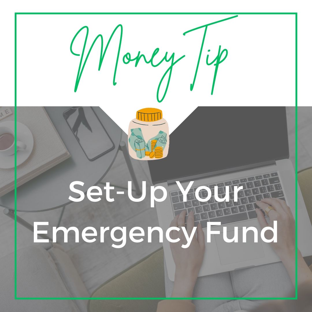 A person is typing on a laptop with the words money tip set up your emergency fund