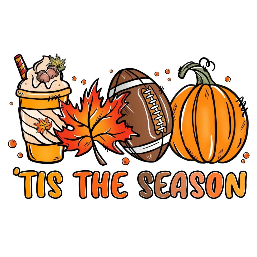 A cartoon drawing of a pumpkin , a football , a cup of coffee , and a maple leaf.