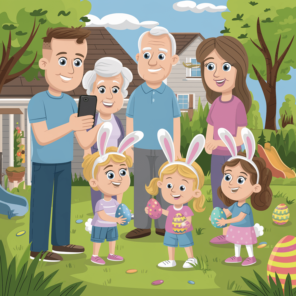 A cartoon illustration of a family celebrating easter in the backyard.