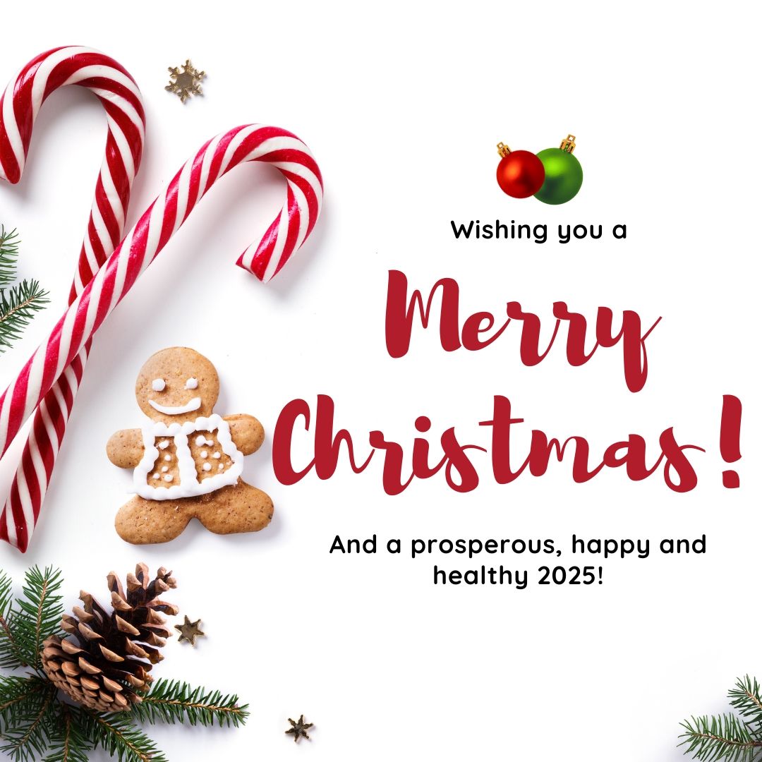 A merry christmas card with a gingerbread man and candy canes