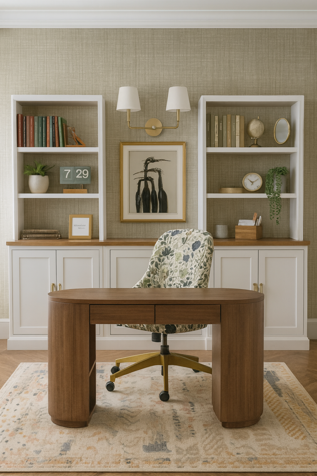 Home office with a wooden desk, floral chair, built-in bookshelves, and patterned wallpaper.
