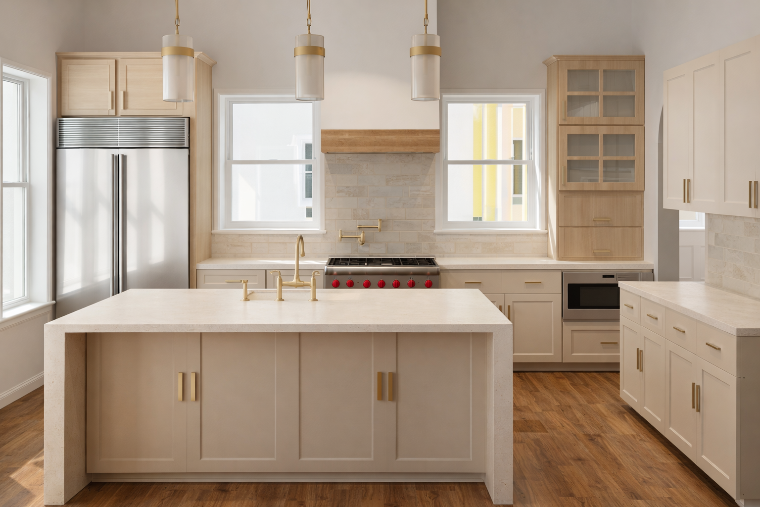 Modern kitchen with a large island, stainless steel appliances, and wood cabinets.