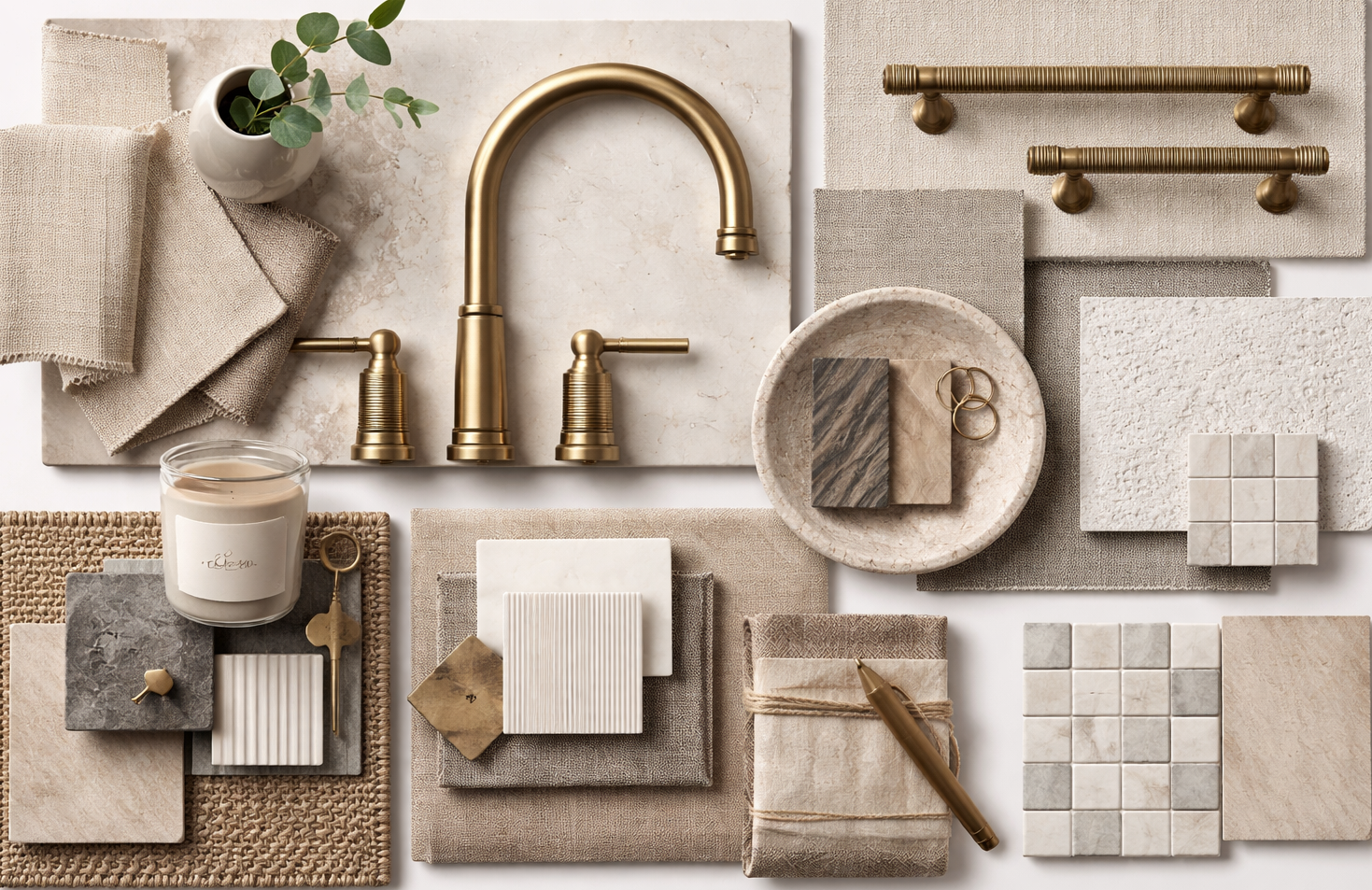 Bathroom design mood board: gold faucet, neutral tile/fabric samples, hardware, candle, greenery.
