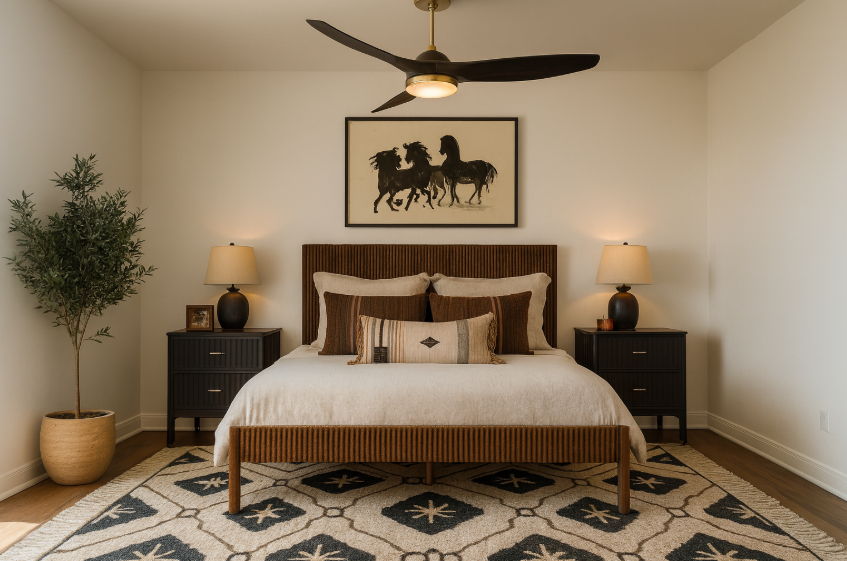 Bedroom with bed, dark furniture, rug, and artwork. A ceiling fan is overhead.