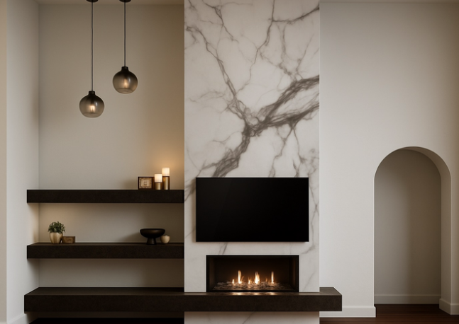 Modern living room with marble accent wall, floating shelves, fireplace, and TV.