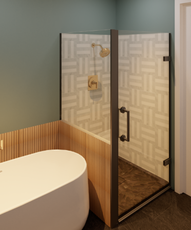 Bathroom with walk-in shower and a freestanding bathtub; brown and white patterned shower glass, gold fixtures, and green wall.