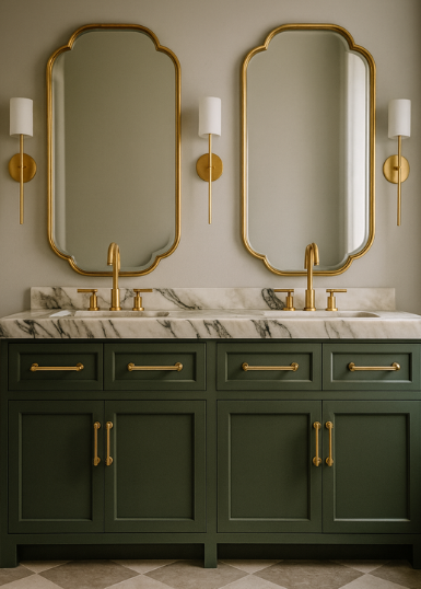 Bathroom vanity with two gold-framed mirrors, green cabinets, marble countertop, gold fixtures, and sconces.