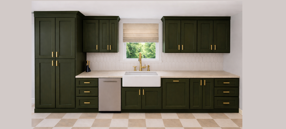 Dark green kitchen cabinets with gold hardware, a white farmhouse sink, and a light-colored countertop.