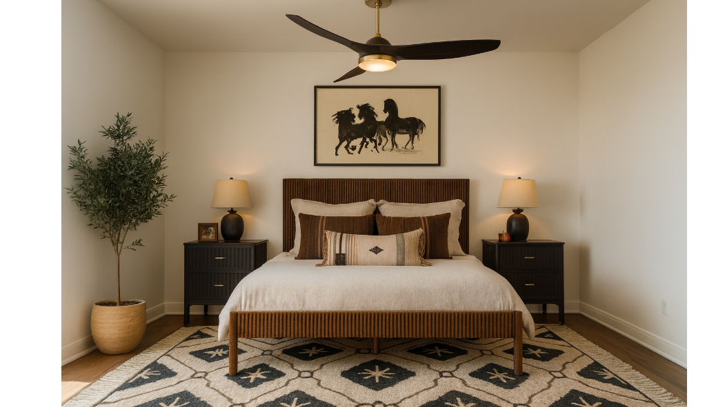 Bedroom with a wooden bed, artwork, two nightstands, a patterned rug, and a ceiling fan.