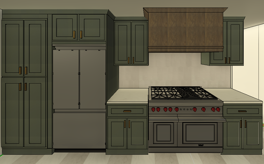Green kitchen cabinets surround a stainless steel refrigerator and range with a wooden range hood.