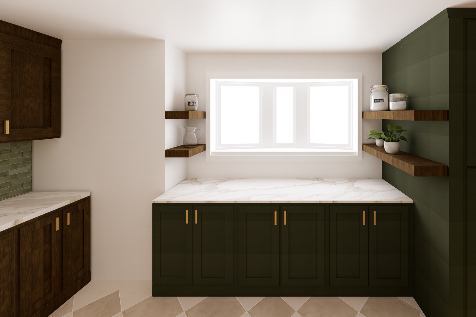 Dark green kitchen with dark wood cabinets, marble countertops, and a window with shelves.