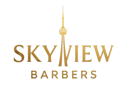 Gold logo for Skyview Barbers with CN Tower silhouette.
