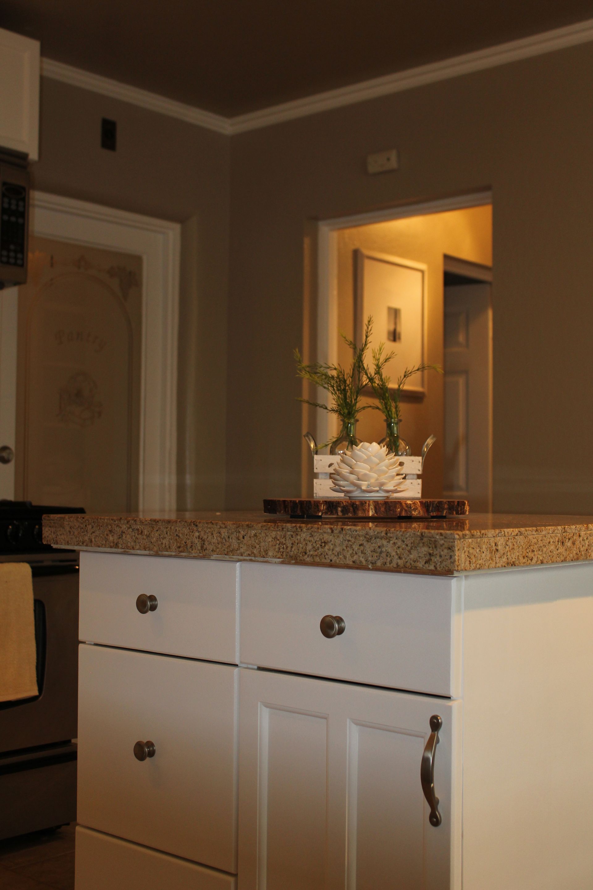 Kitchen island with granite countertop and a small potted plant in a warmly lit home interior