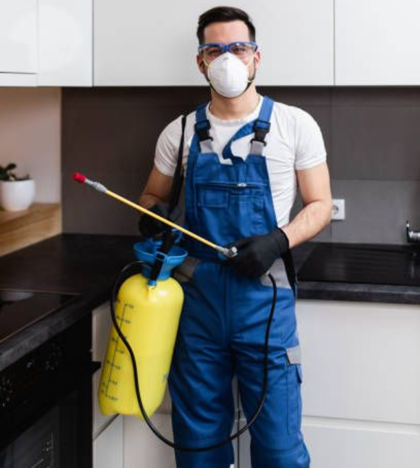 Pest control specialist with respirator mask and sprayer.