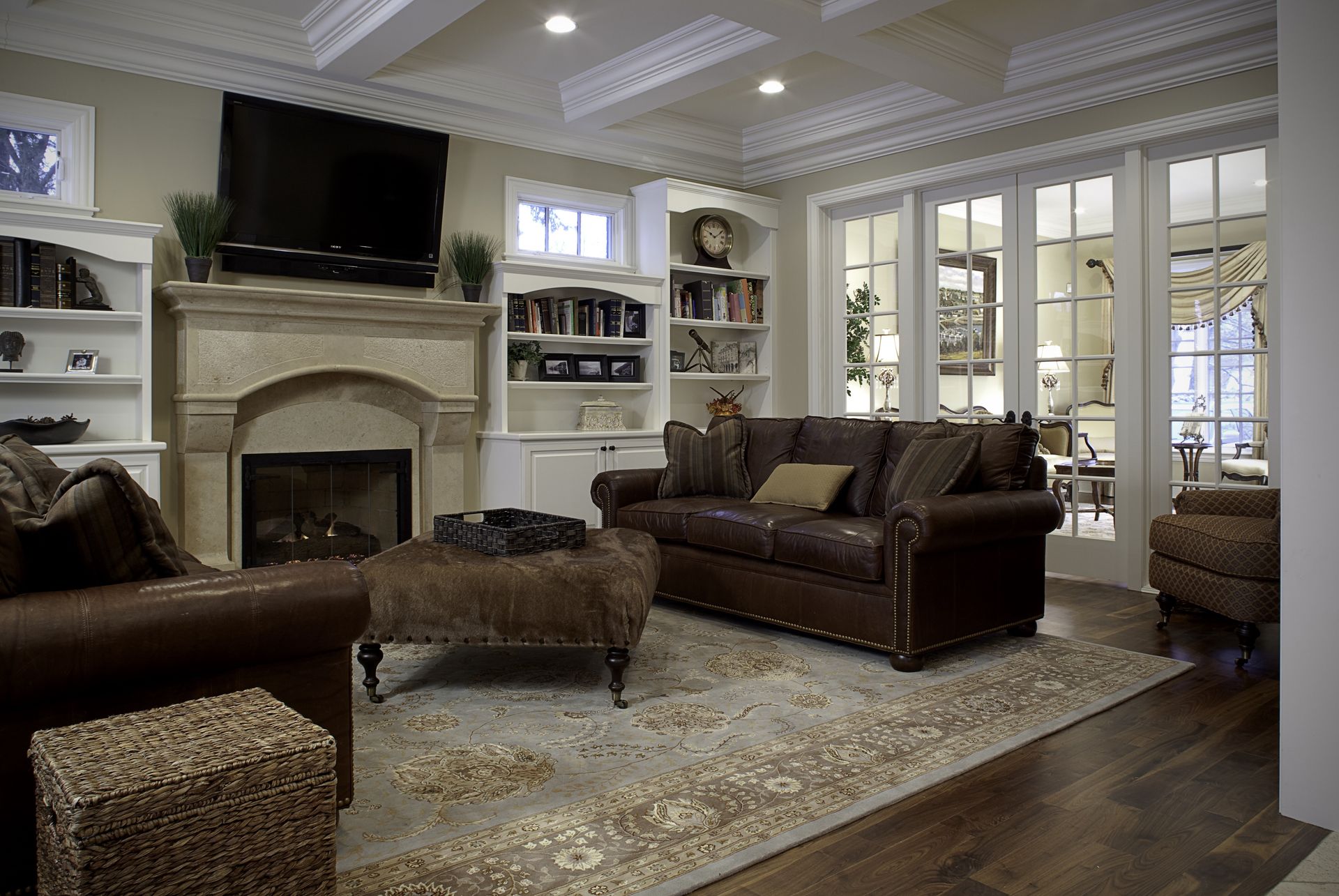 A living room with a fireplace and a couch