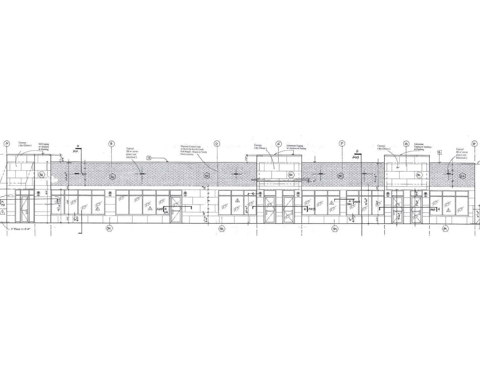 A black and white drawing of a building on a white background.