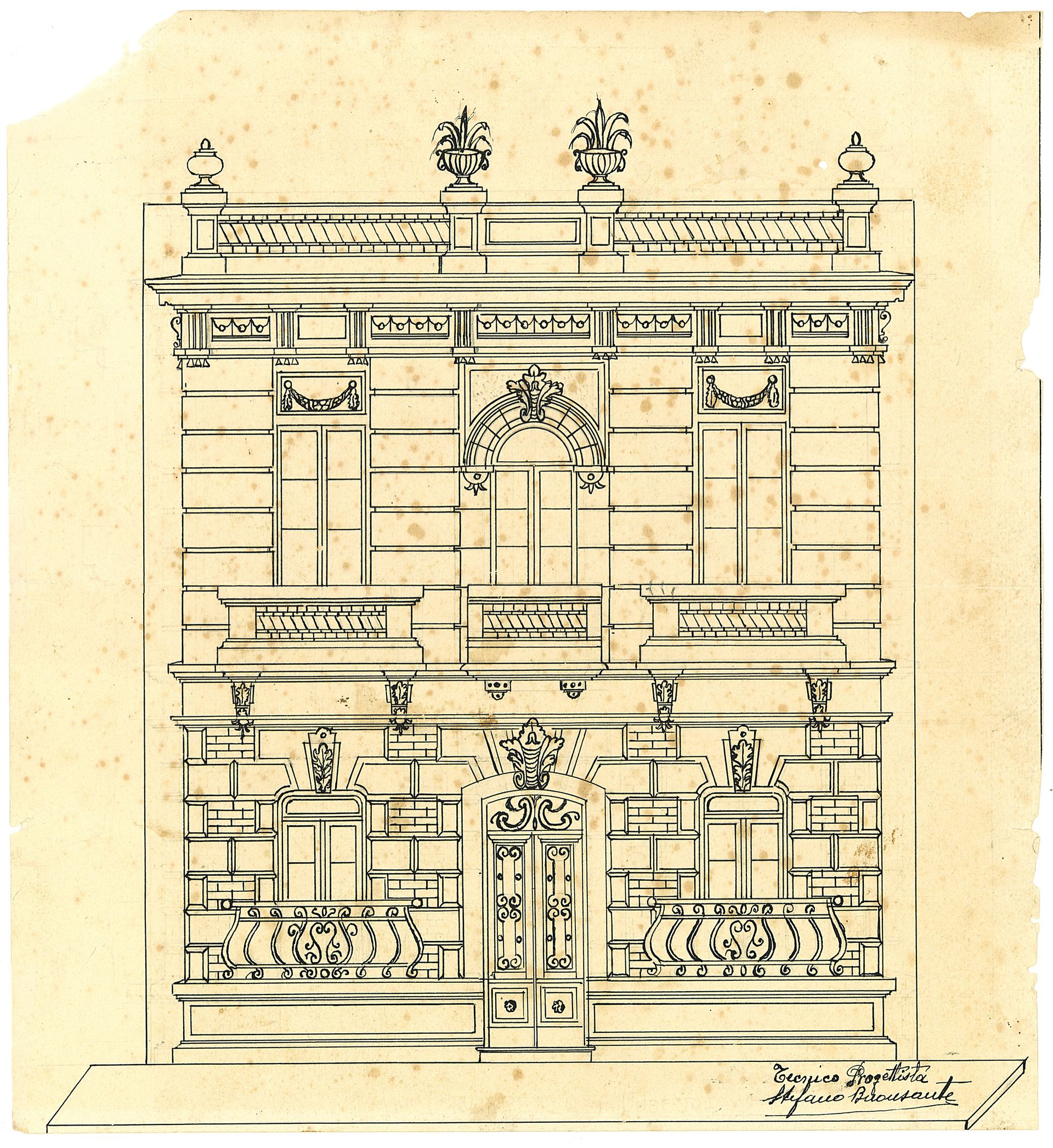 A black and white drawing of a brick building with a balcony