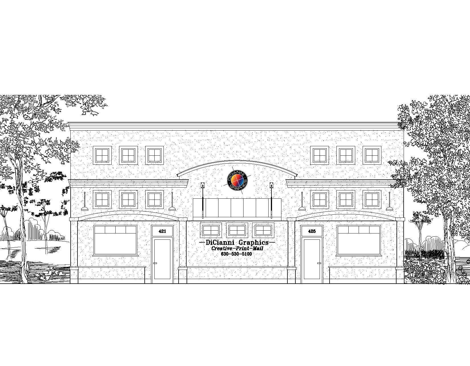 A black and white drawing of a building with trees in front of it.