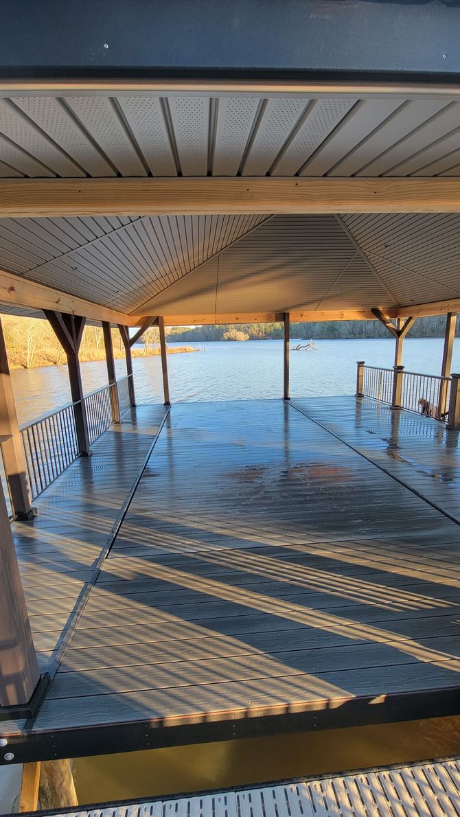 The dock is empty and looking out over the water.