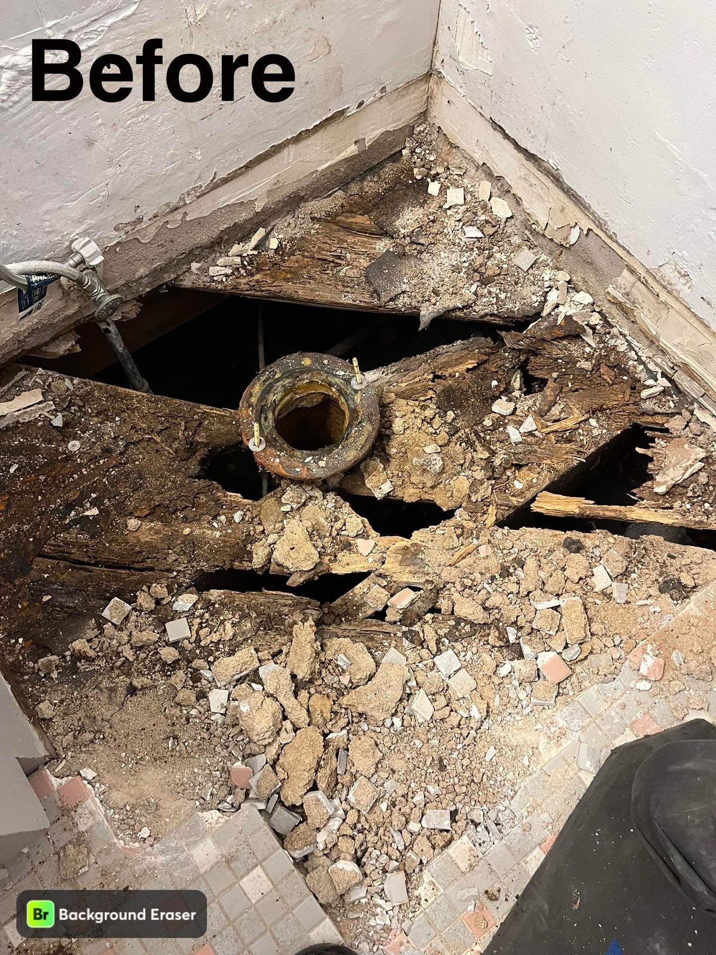 A picture of a hole in the floor in a bathroom.