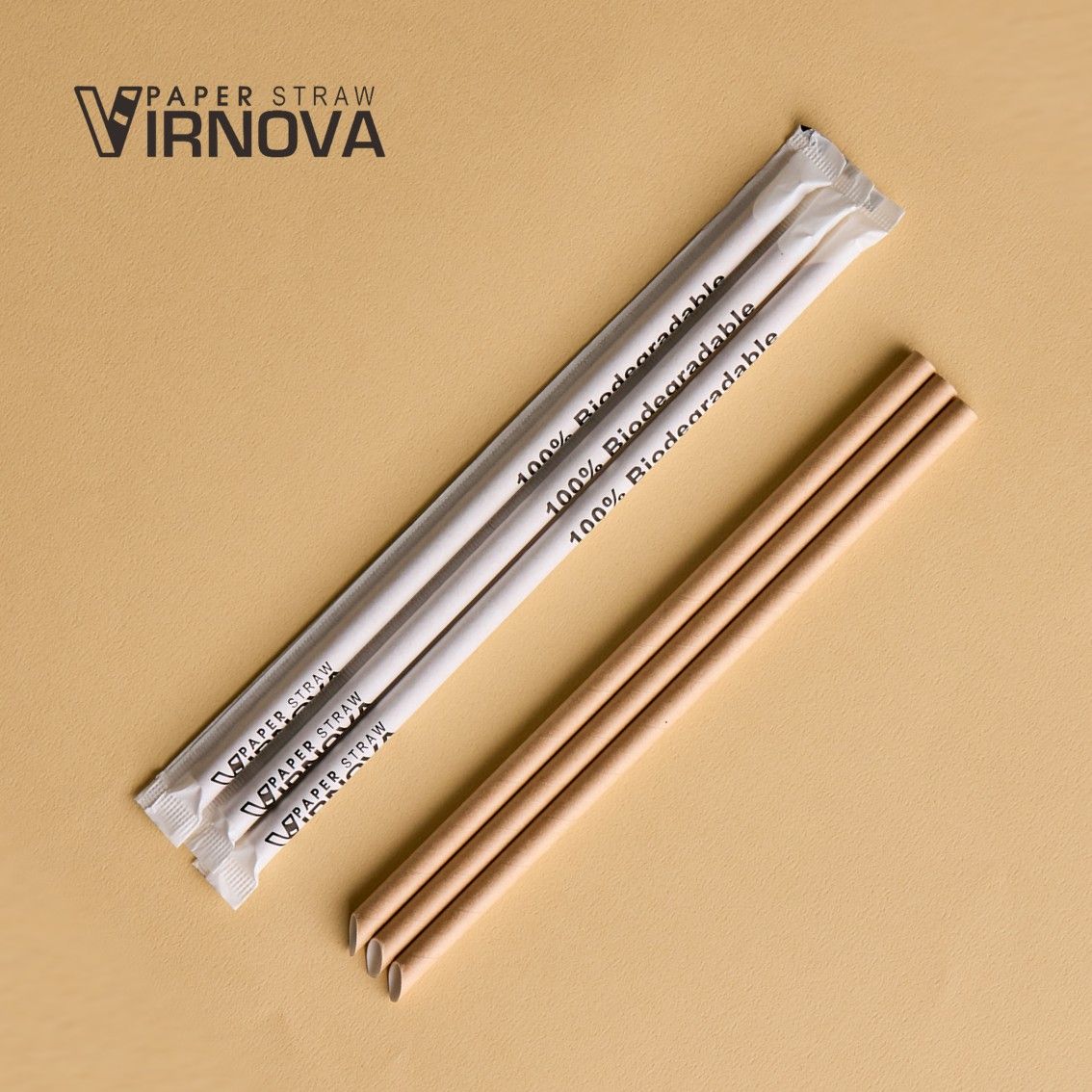 Bamboo fiber paper straws (brown) 8x220mm | slanted opening | individually wrapped