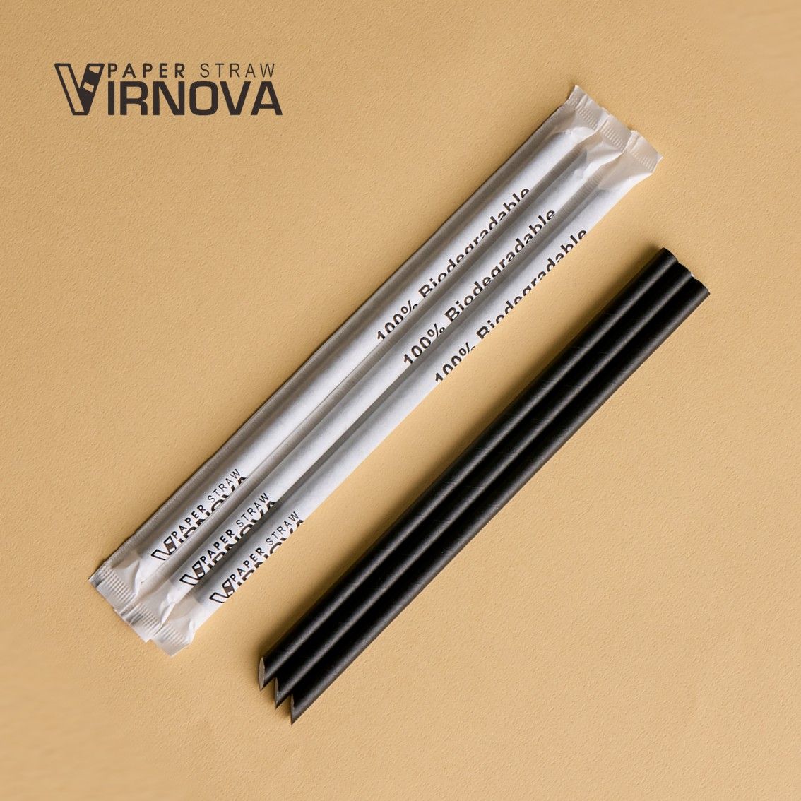 Bamboo fiber paper straws (black) 8*220mm｜Slanted opening｜Individually wrapped