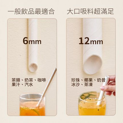 Virnova 竹好吸的竹纖維紙吸管 6mm 與 12mm 口徑比較，適合一般飲品與大口吸料飲品使用