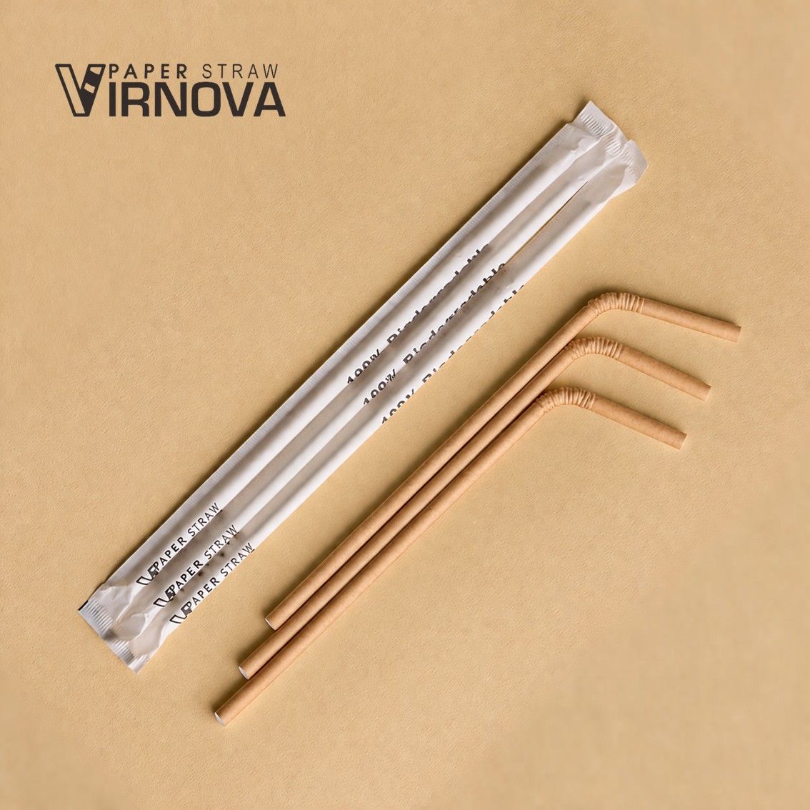 Bendable bamboo fiber paper straws (brown) 6x235mm | Flat opening | Individually wrapped