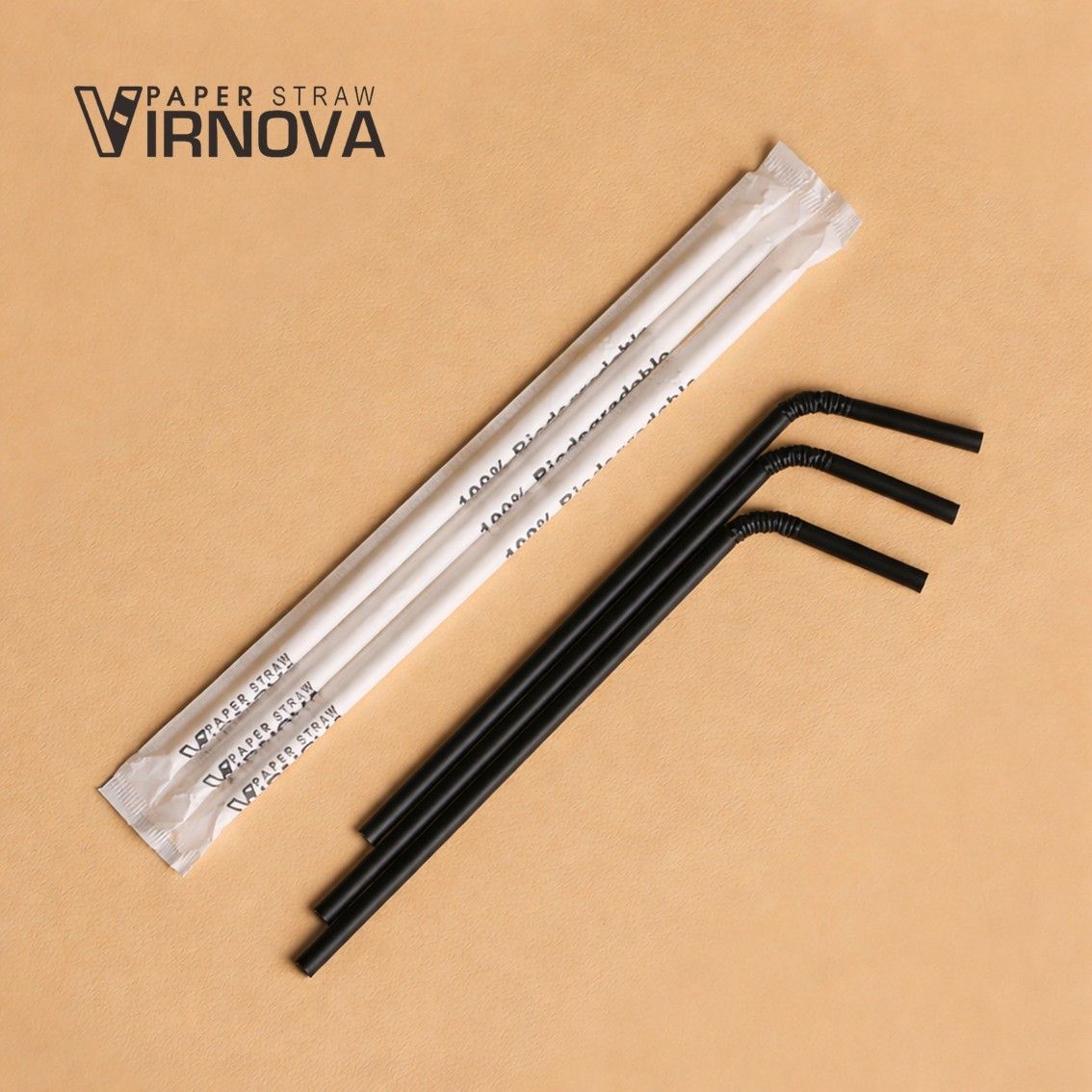 Bendable bamboo fiber paper straws (black) 6x235mm | Flat opening | Individually wrapped