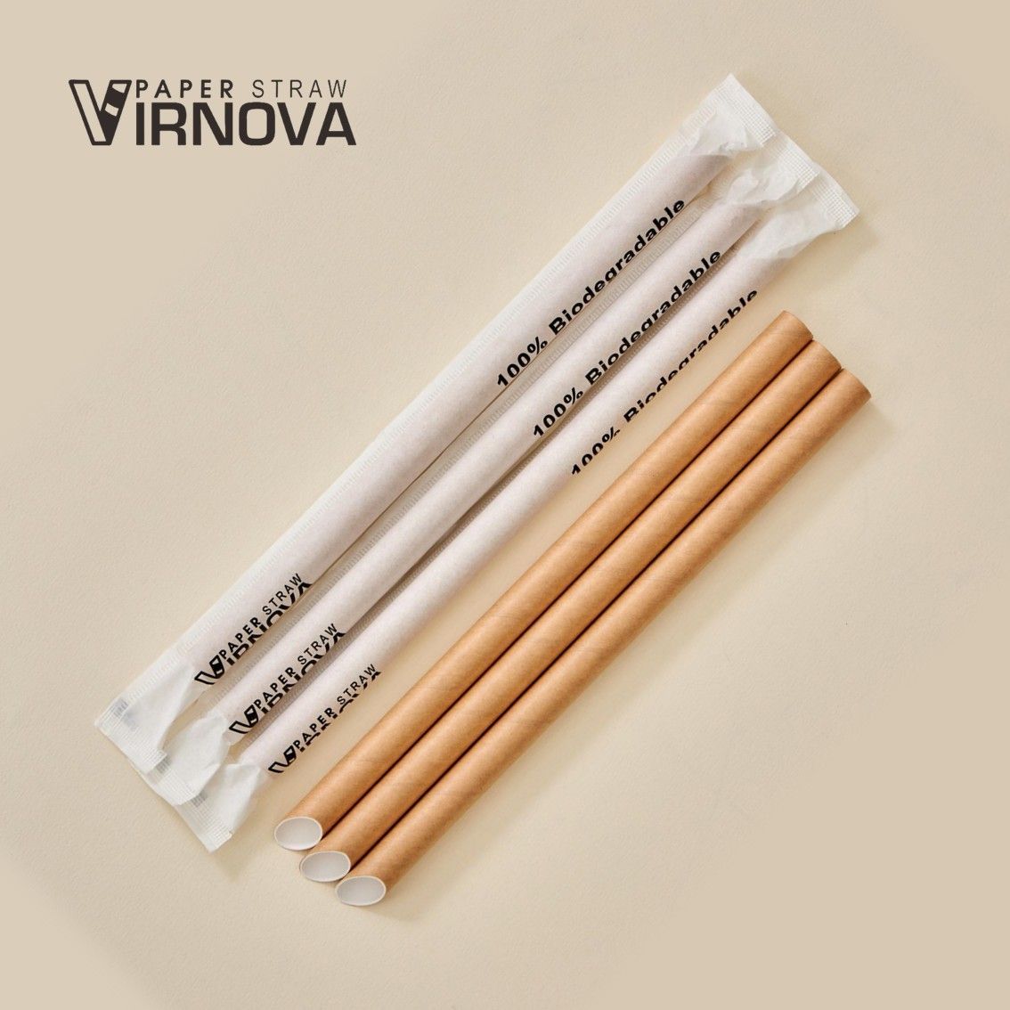 Bamboo fiber paper straws (brown) 12x220mm｜slanted opening｜individually wrapped