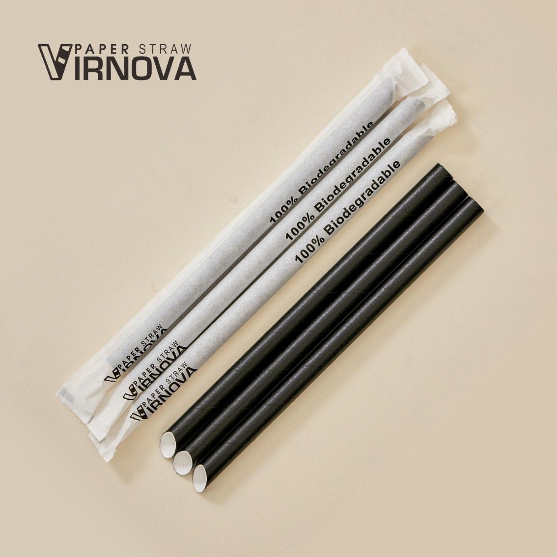 Bamboo fiber paper straws (black) 12x220mm｜Slanted opening｜Individually wrapped