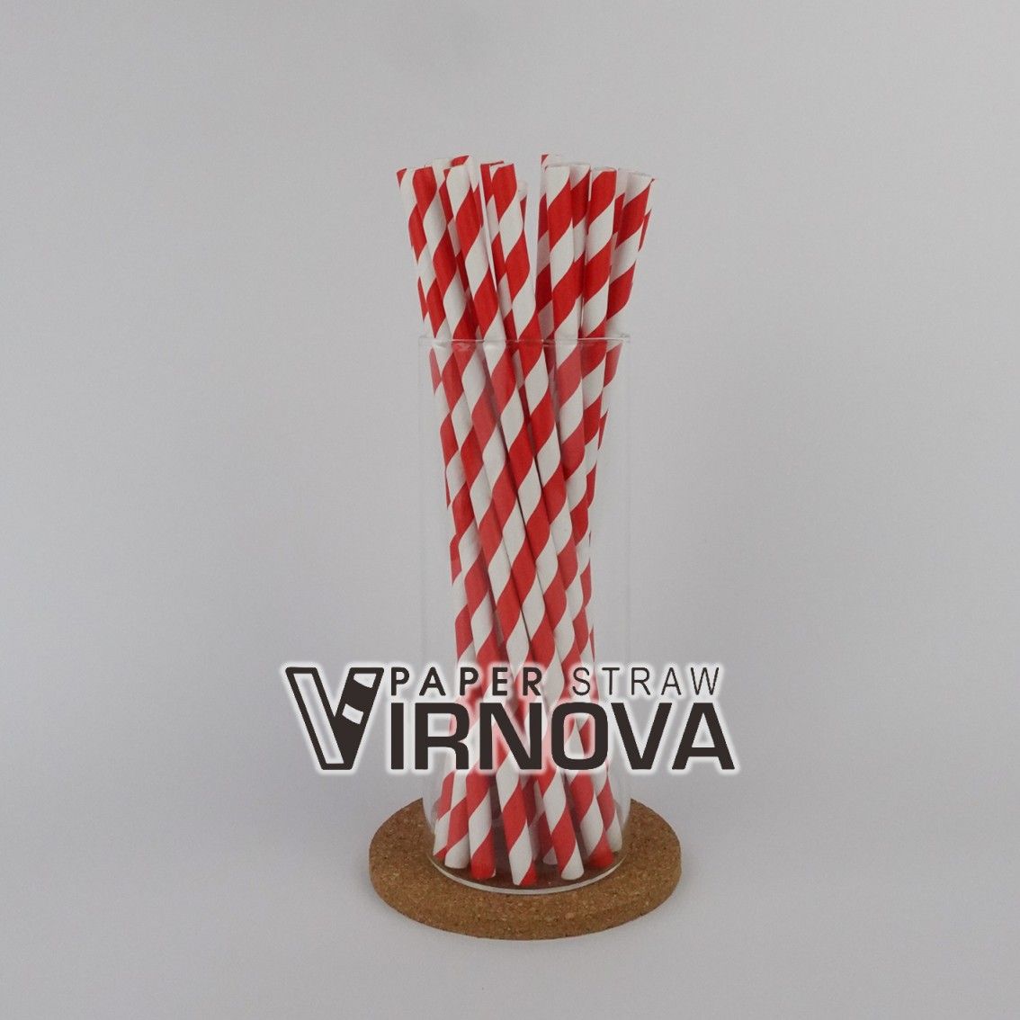 Bamboo fiber paper straws (red and white threaded) 6x195mm | Flat opening | Unpackaged