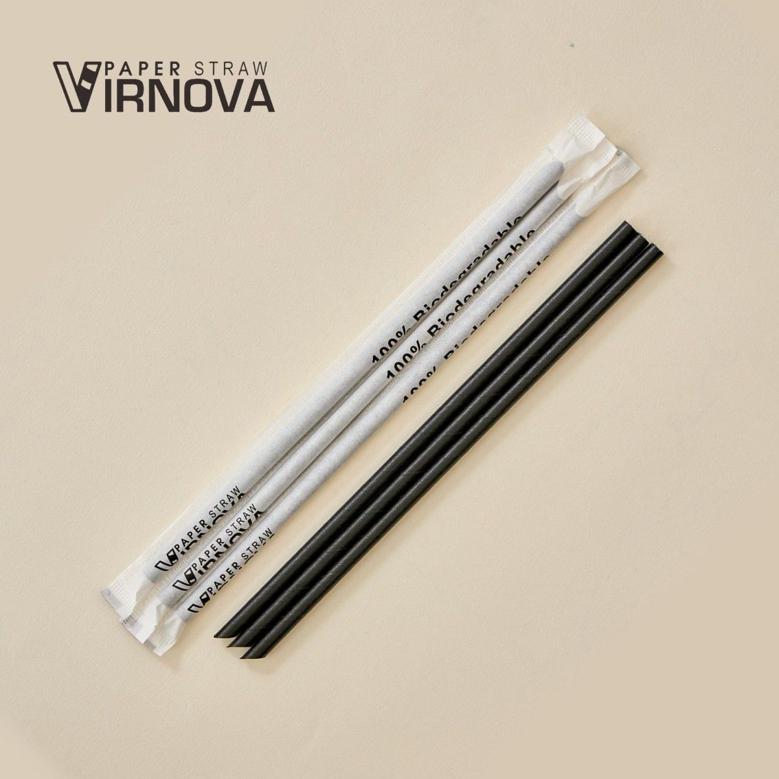 Bamboo fiber paper straws (black) 6x220mm | Slanted tip | Individually wrapped