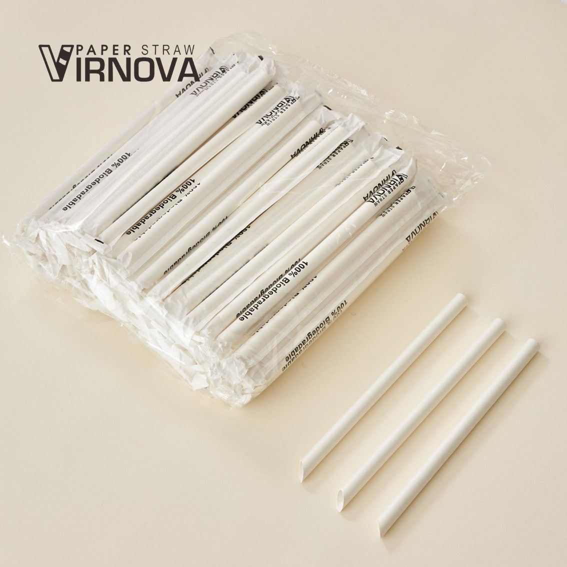 Bamboo fiber paper straws (white) 12x220mm｜Slanted opening｜Individually wrapped