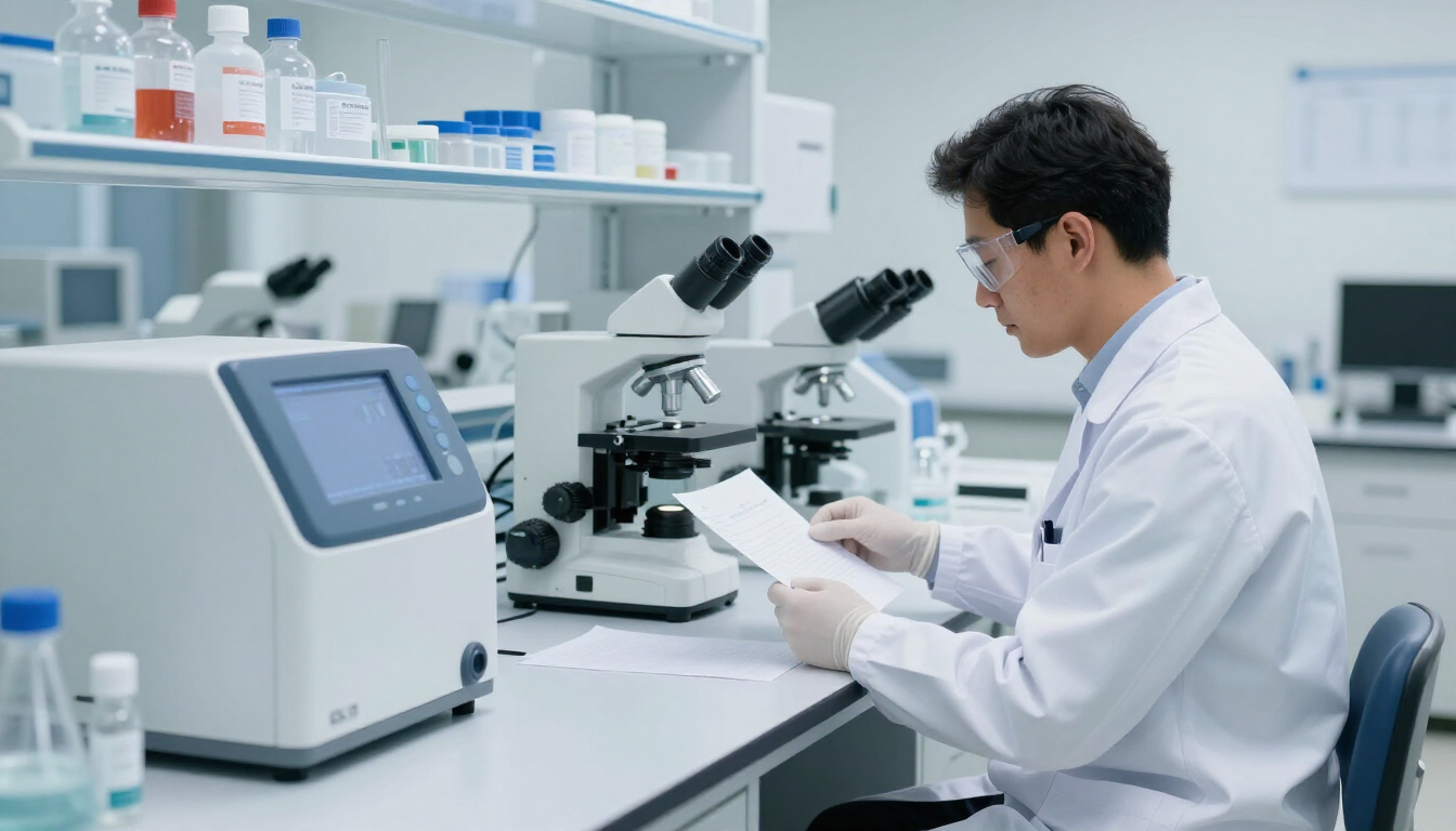 實驗室人員檢視檢驗資料，說明食品接觸紙製品需留意 PFAS 檢測與安全性