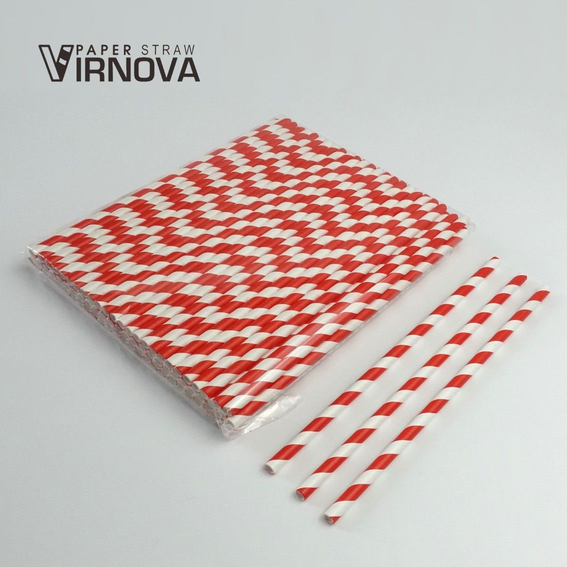 Bamboo fiber paper straws (red and white threaded) 6x195mm | Flat opening | Unpackaged