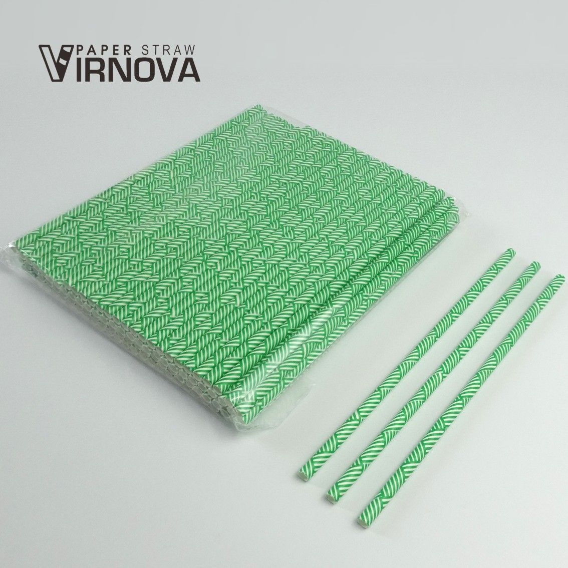 Bamboo fiber paper straws (green stripes) 6x195mm | Flat opening | Unpackaged