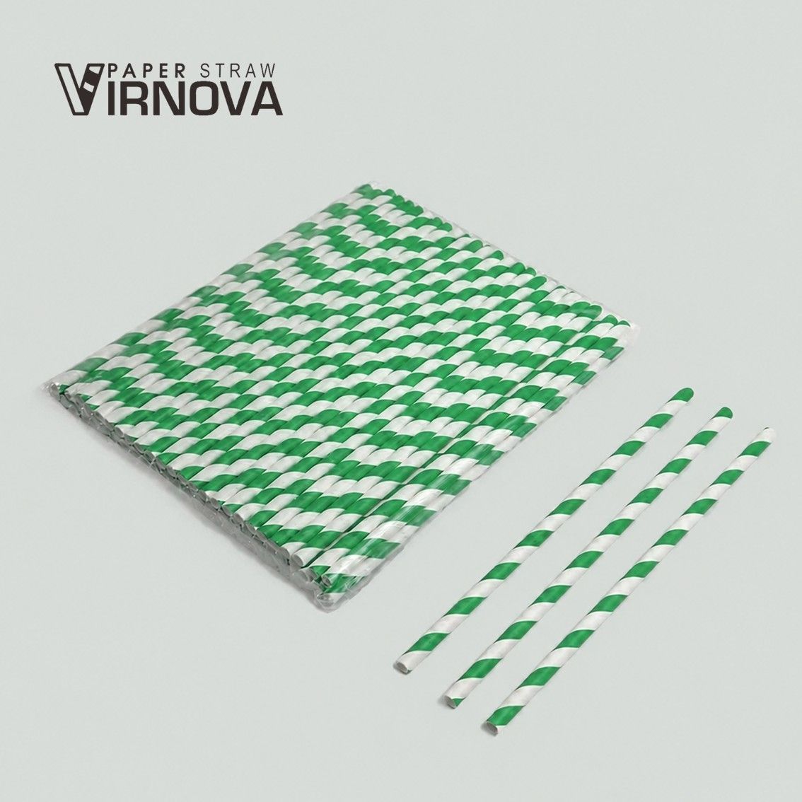 Bamboo fiber paper straws (green and white threaded) 6x195mm | Flat opening | Unpackaged