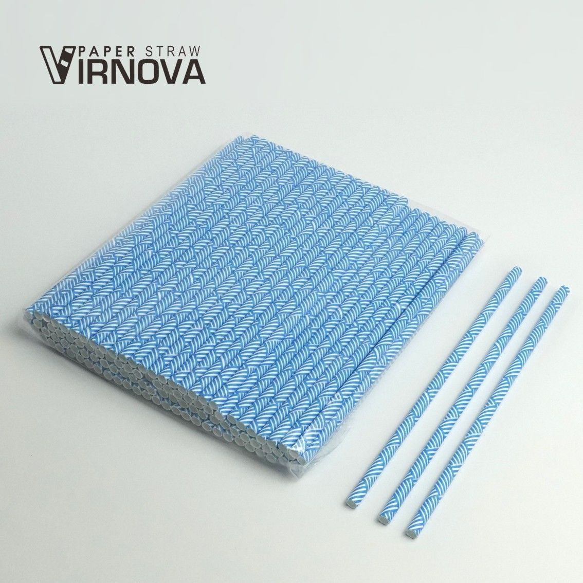 Bamboo fiber paper straws (blue stripes) 6x195mm | Flat opening | Unpackaged
