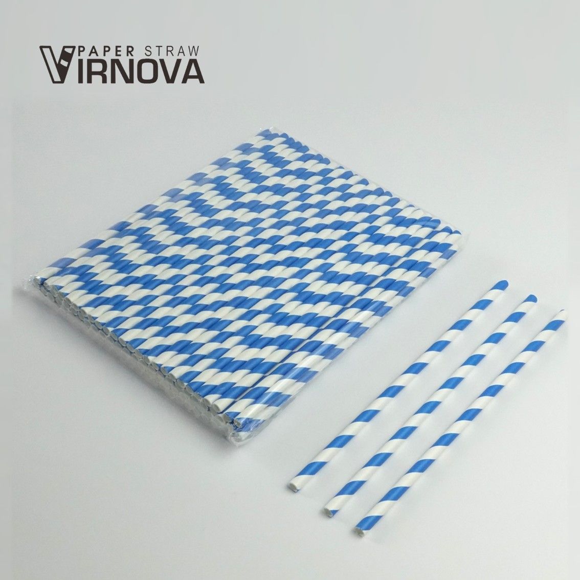 Bamboo fiber paper straws (blue and white threaded) 6x195mm | Flat opening | Unpackaged