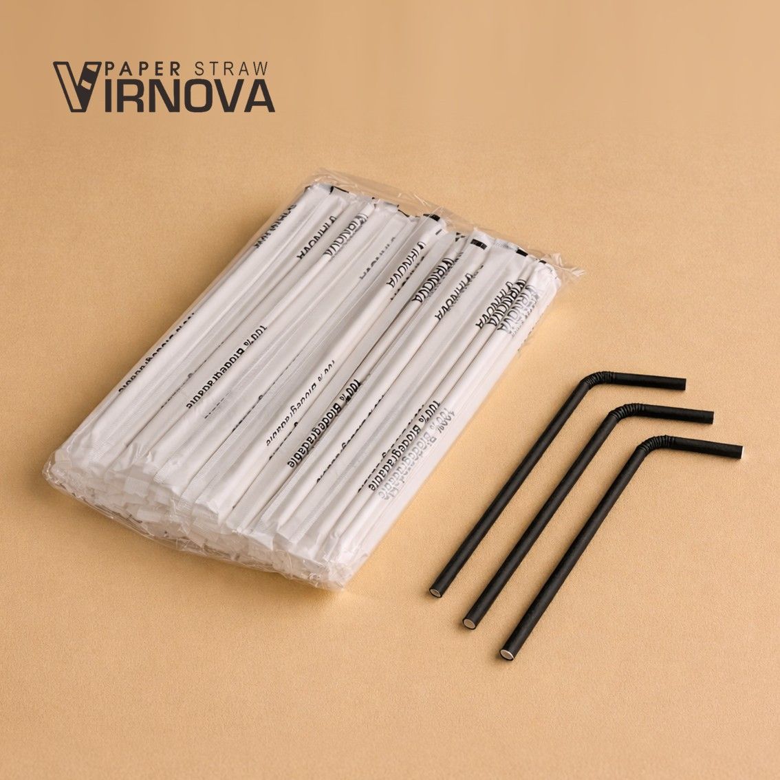 Bendable bamboo fiber paper straws (black) 6x235mm | Flat opening | Individually wrapped