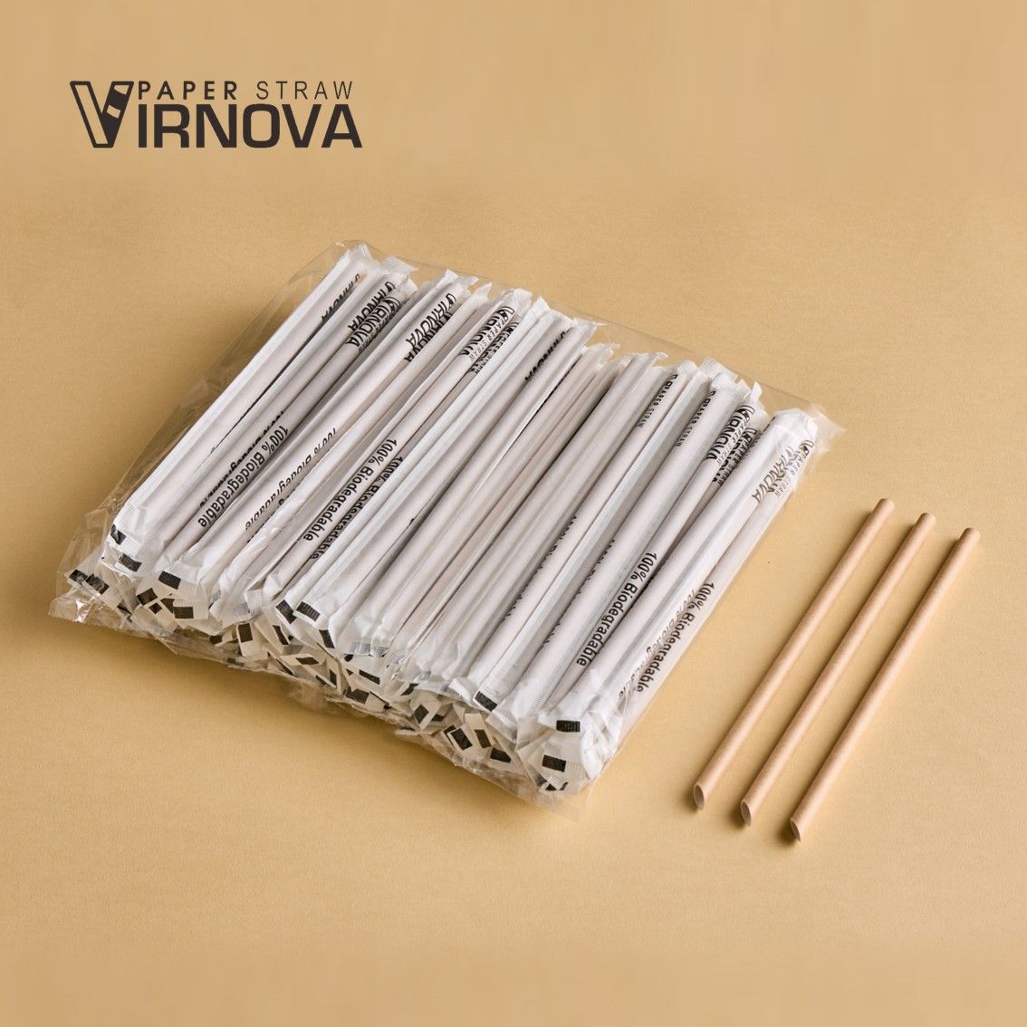 Bamboo fiber paper straws (brown) 8x220mm | slanted opening | individually wrapped