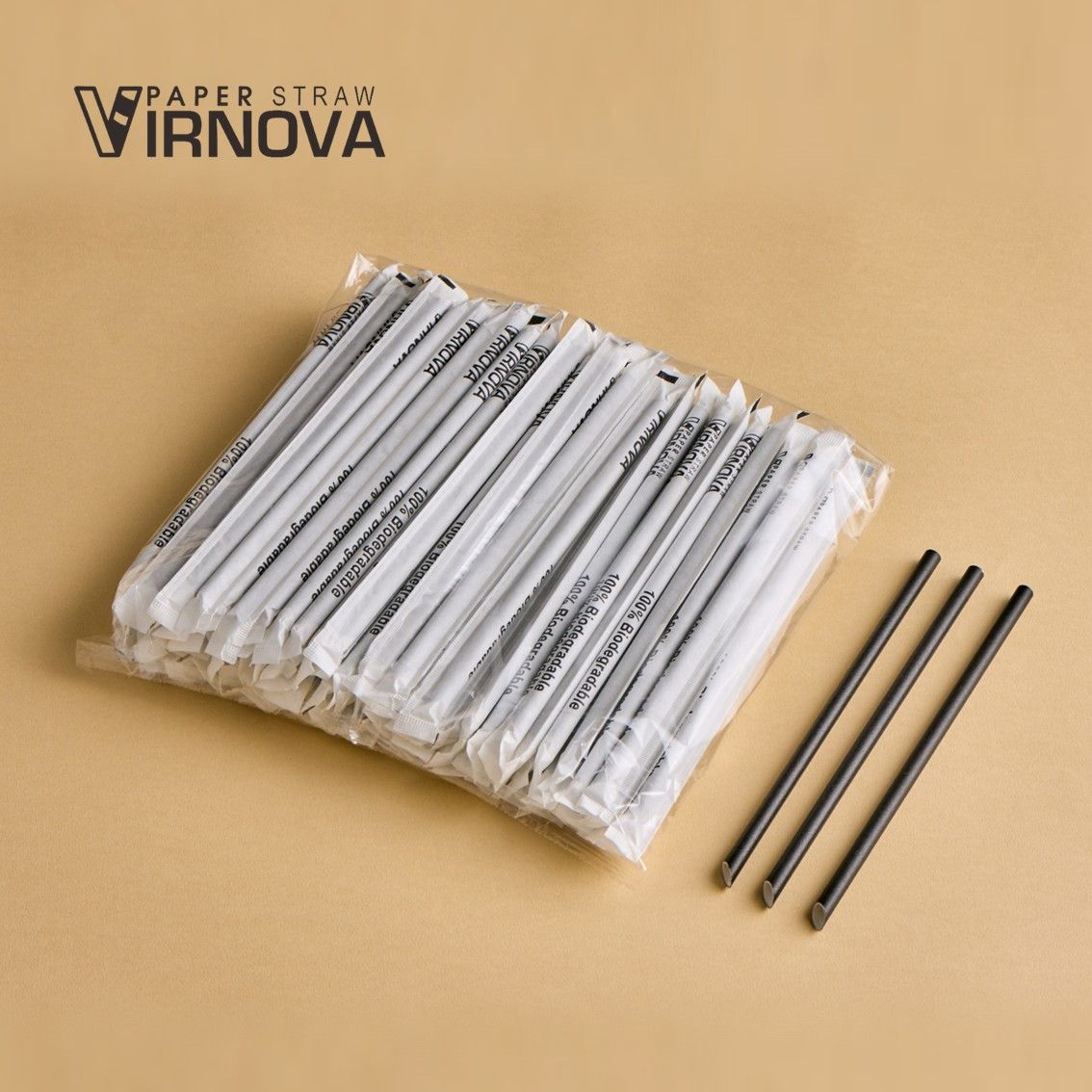 Bamboo fiber paper straws (black) 8*220mm｜Slanted opening｜Individually wrapped
