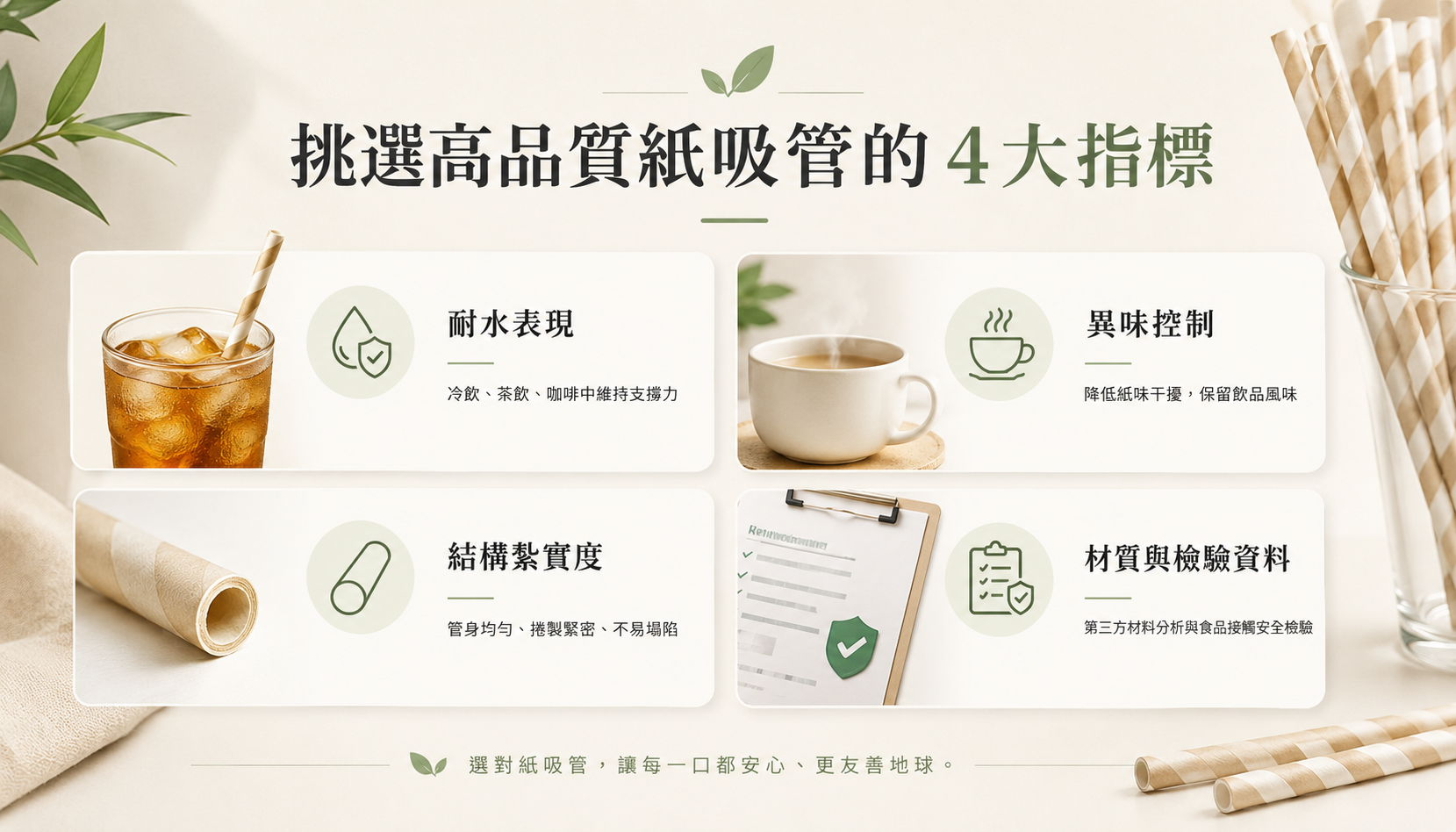 挑選高品質紙吸管的四大指標示意圖，包含耐水表現、異味控制、結構紮實度與材質檢驗資料