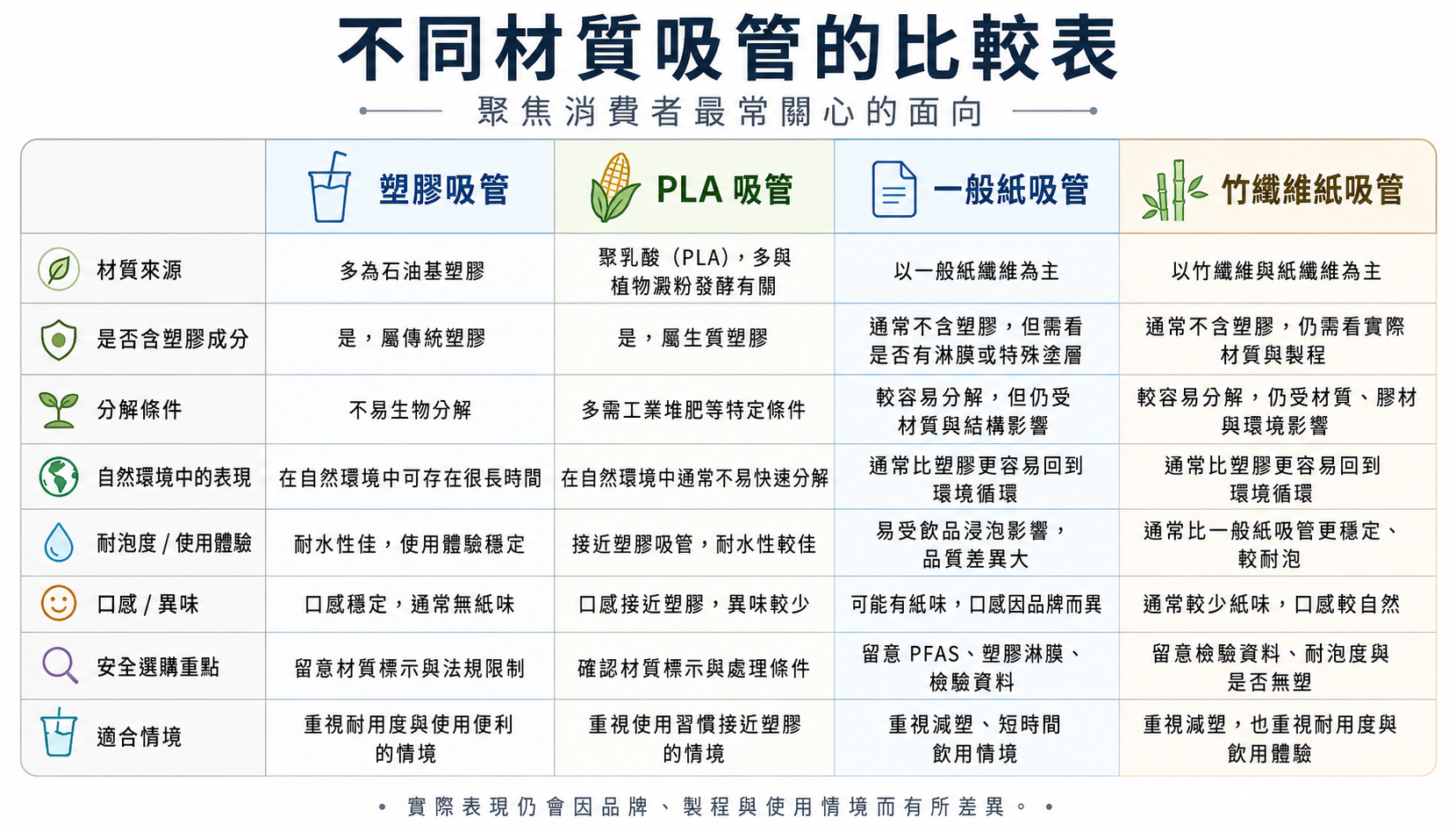 塑膠吸管、PLA 吸管、一般紙吸管與竹纖維紙吸管的材質來源、分解條件、耐泡度與使用體驗比較表
