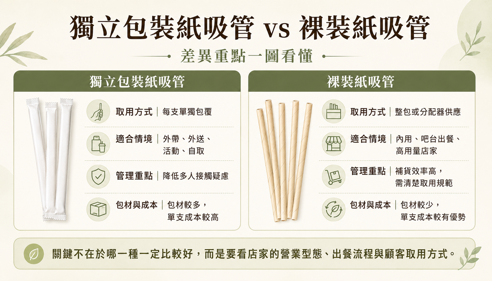 Virnova 竹好吸獨立包裝紙吸管與裸裝紙吸管比較圖，整理取用方式、適合情境、管理重點與包材成本差異，協助餐飲店家依營業型態與出餐流程選擇合適的紙吸管包裝形式。